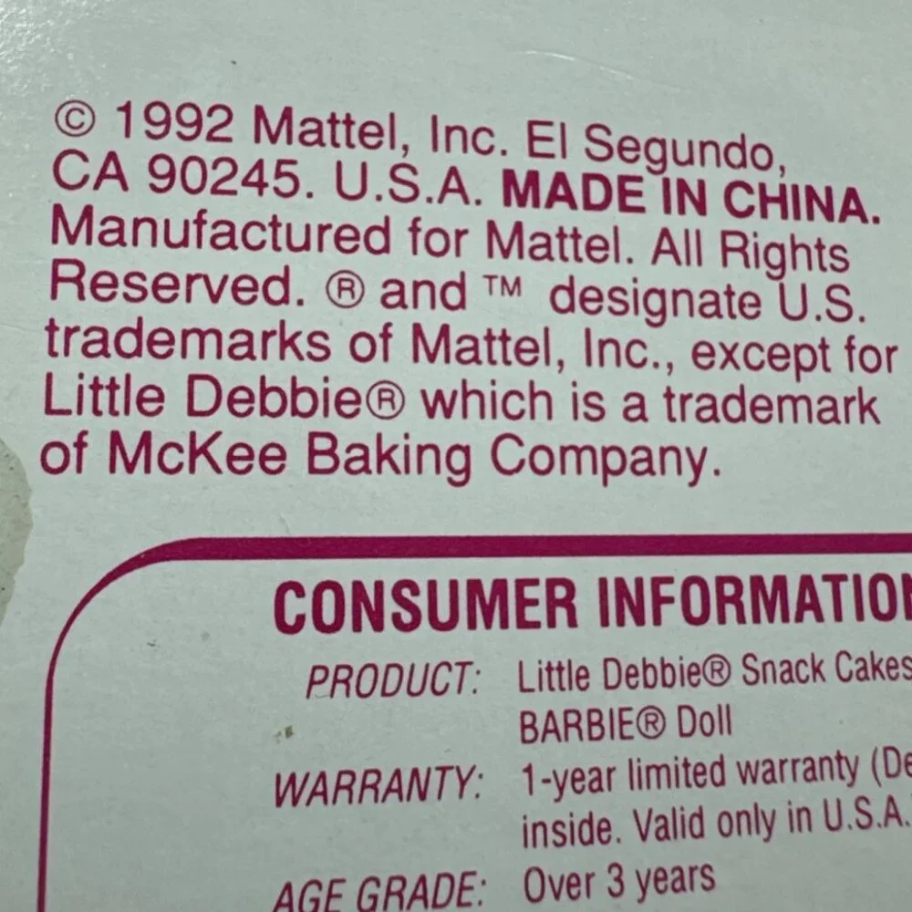 Vintage Mattel Barbie Doll Little Debbie Snack Cakes 1st Edition 1992 NIB NRFB